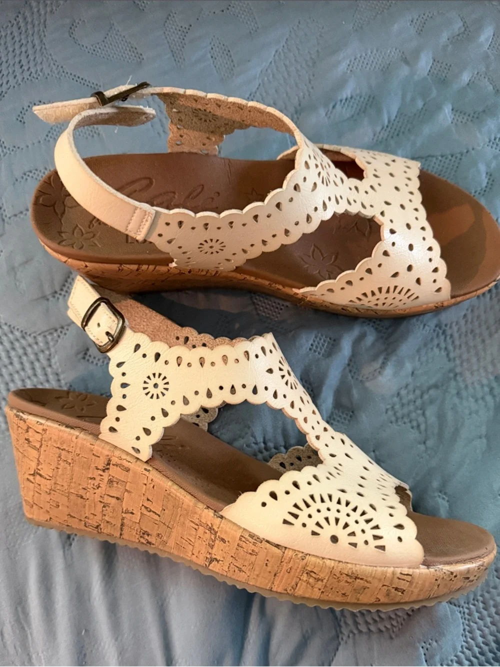 Skechers White Laser-Cut Cork Wedge Sandals